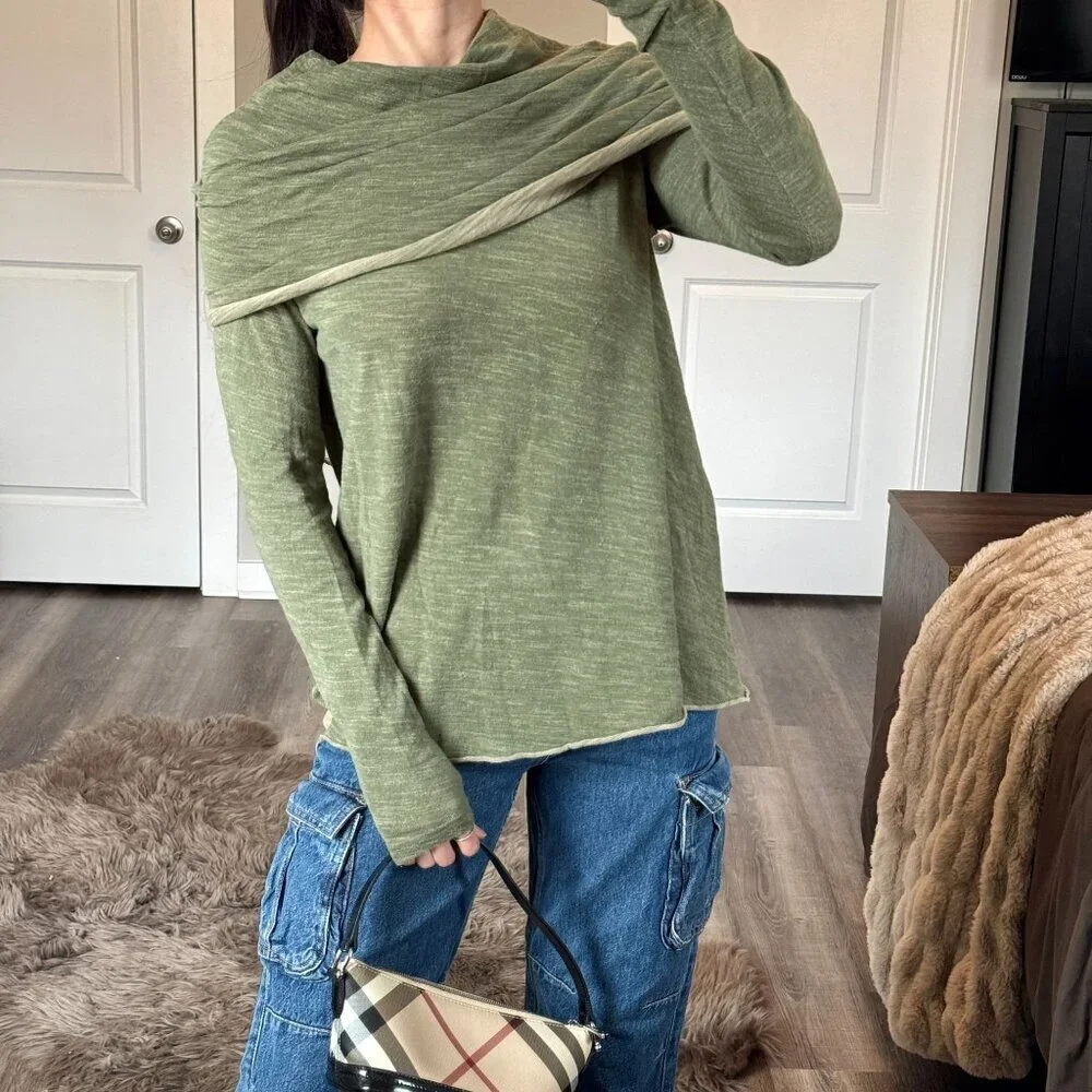 Free People Beach Cocoon Cowl Pullover Green Long Sleeve Top Slouchy Boho OS